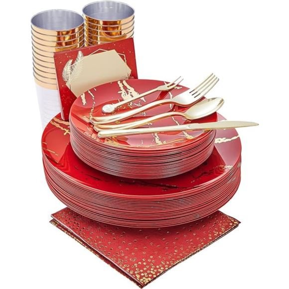 Red Gold Plastic Plates Set, Disposable Dinnerware Set Include 25 Dinner Plates - Picture 3 of 8